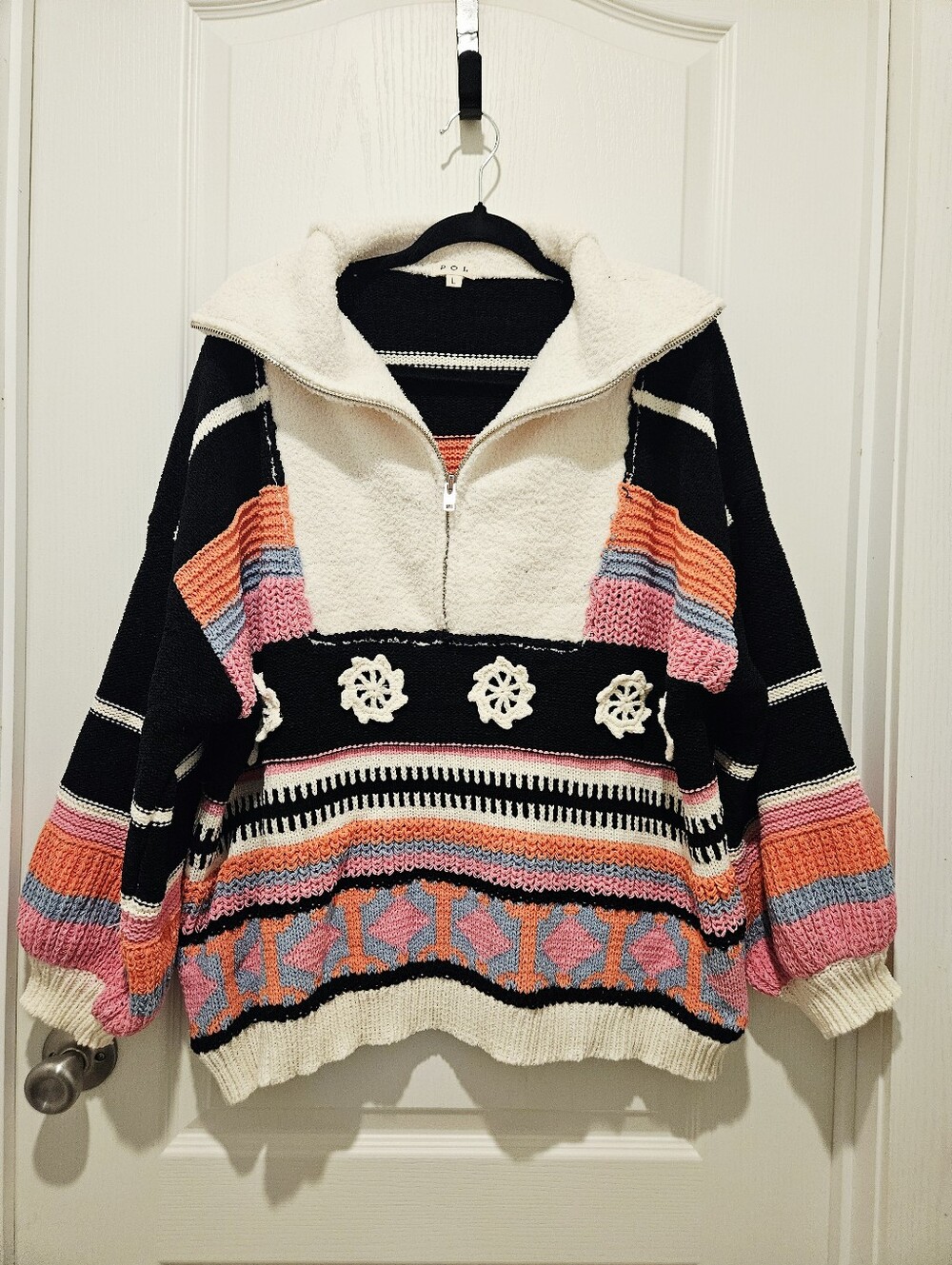 POL Crochet Motif Half-Zip Knit Sweater Oversized Boho Striped - Size L
